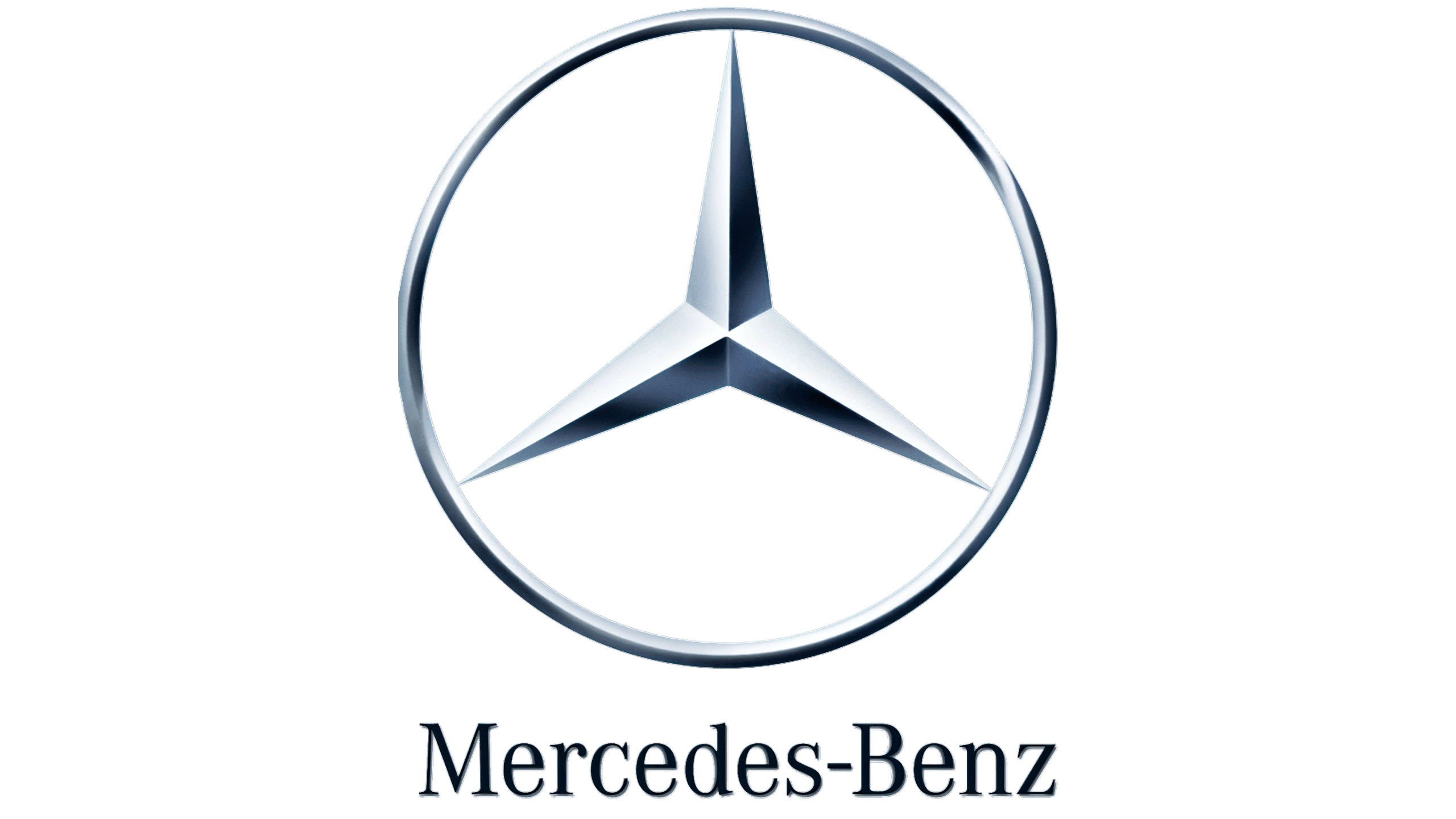 Logo argenté en forme d’étoile à trois branches à l’intérieur d’un cercle