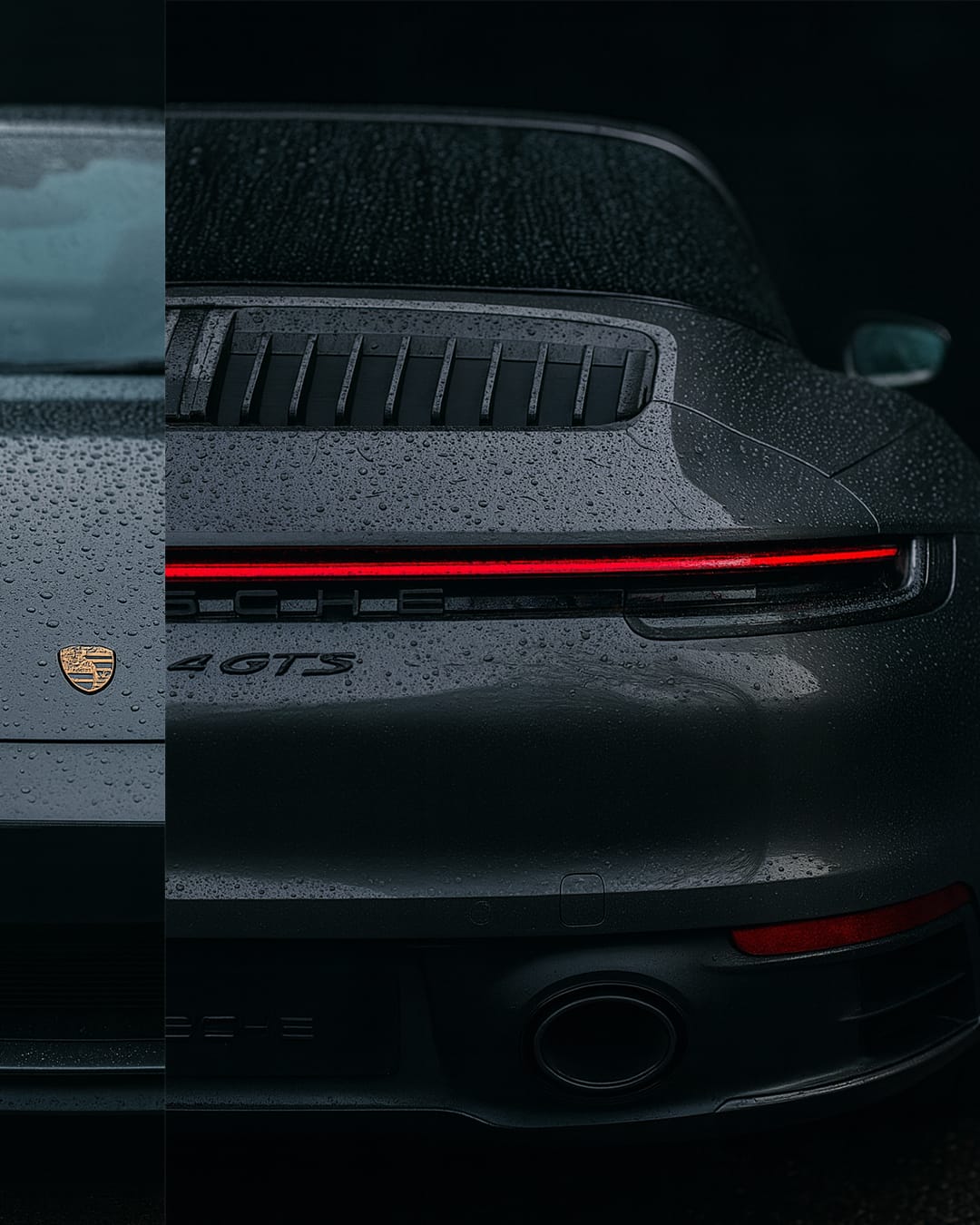 Vue arrière d’une voiture de sport grise décapotable photographiée dans un studio sombre