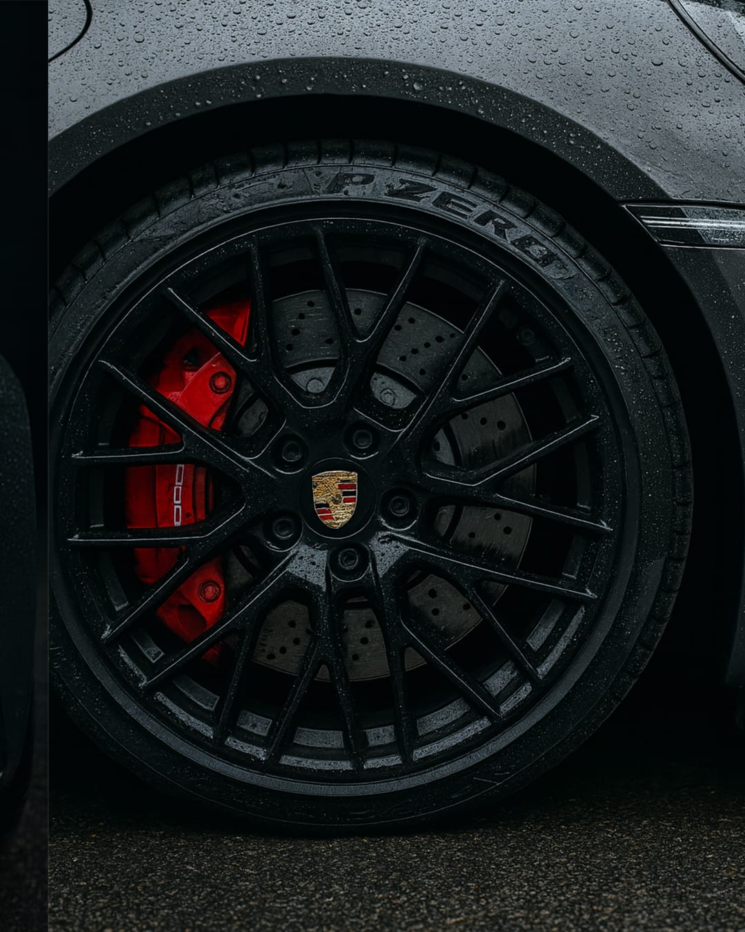 Roue avant Porsche 911 Targa 4 GTS Type 992 2023 Roue avant gauche voiture de sport grise décapotable photographiée dans un studio sombre, avec design élégant et moderne