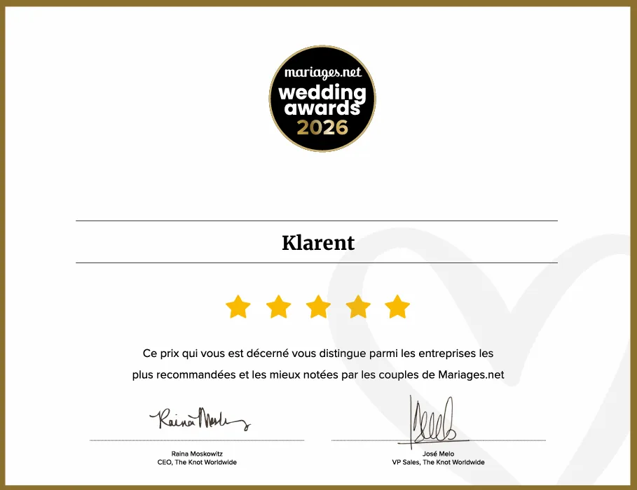 Award Mariages.net 2026 meilleur prestataire mariage décerné à Klarent